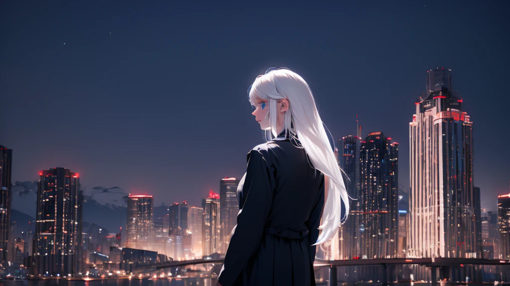 1 girl, medium light white hair, light blue eyes, wearing Black suit, night city, absurdres, high res, ultrasharp, 8K, masterpiece, looking from behind