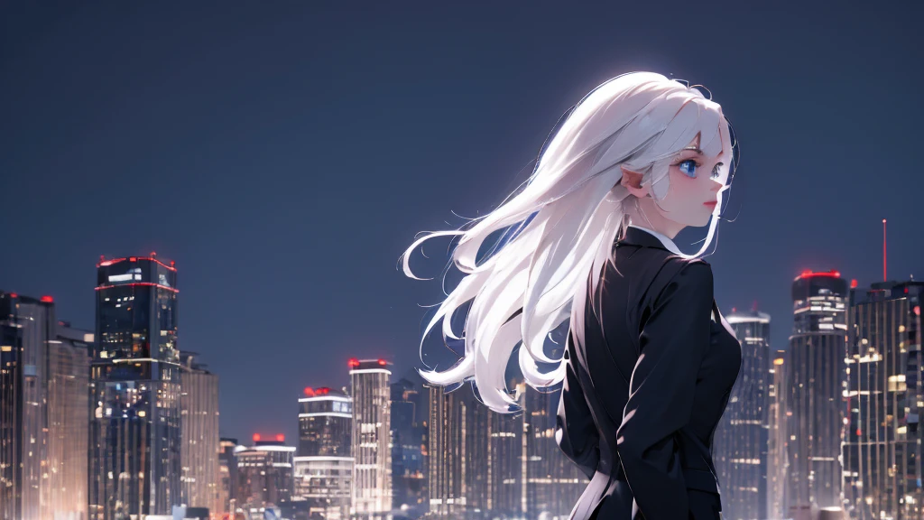 1 girl, medium light white hair, light blue eyes, wearing Black suit, night city, absurdres, high res, ultrasharp, 8K, masterpiece, looking from behind