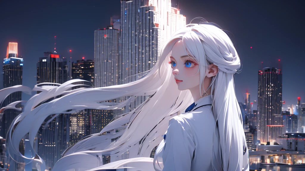 1 girl, medium light white hair, light blue eyes, wearing Black suit, night city, absurdres, high res, ultrasharp, 8K, masterpiece, looking from behind