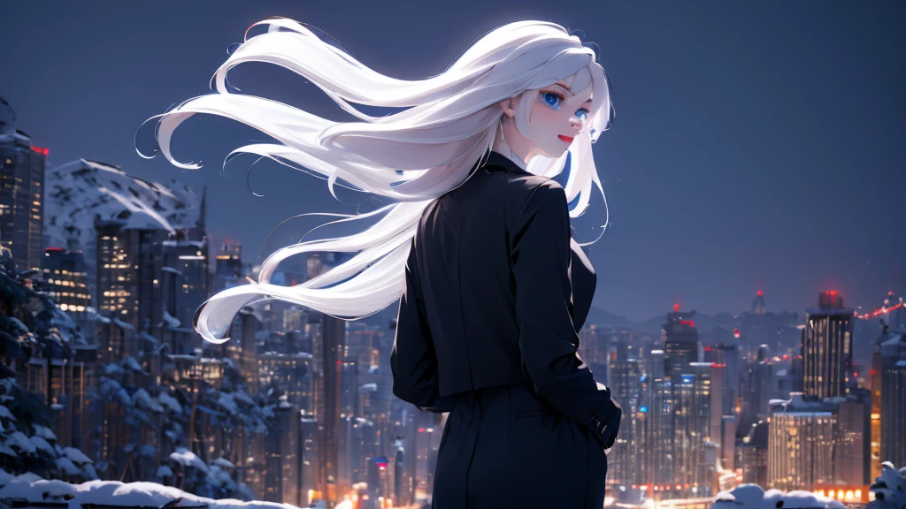 1 girl, medium light white hair, light blue eyes, wearing Black suit, night city, absurdres, high res, ultrasharp, 8K, masterpiece, looking from behind