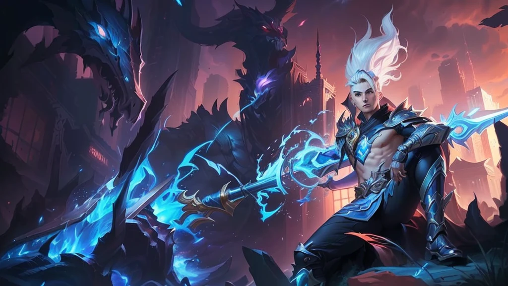 a young man dressed in black holding a long spear, silver hair, sitting on the corpse of a giant monster, in the city, ezreal (league of legends, ross tran and bayard wu, by Yang J, hero colorful city light pose, league of legends characters, official splash art, heise jinyao, ross tran style, league of legends character art, ross tran and artgerm, keqing from impact by genshin, 4k, full HD