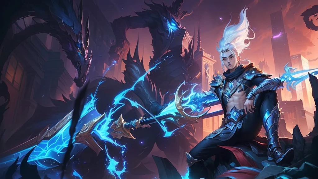 a young man dressed in black holding a long spear, silver hair, sitting on the corpse of a giant monster, in the city, ezreal (league of legends, ross tran and bayard wu, by Yang J, hero colorful city light pose, league of legends characters, official splash art, heise jinyao, ross tran style, league of legends character art, ross tran and artgerm, keqing from impact by genshin, 4k, full HD