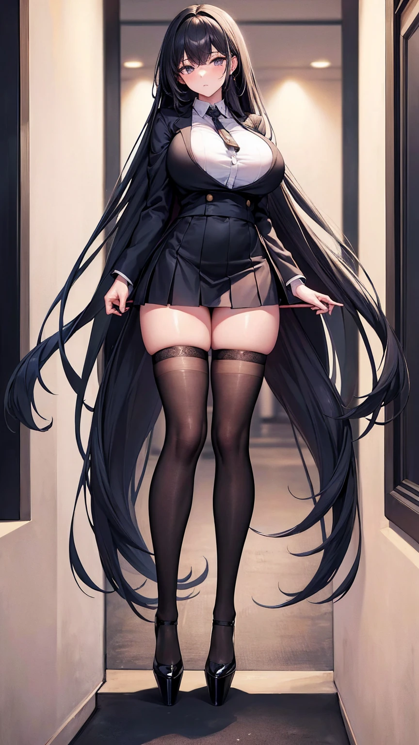 (masterpiece, top quality, best quality, official art, beautiful and aesthetic:1.0), (8k, best quality, masterpiece:1.2), very long hair,(full body:1.3), (large breasts:1.4), very long hair, high heels, black thighhighs, micro skirt, random hair, tall girl, school girl uniform ,