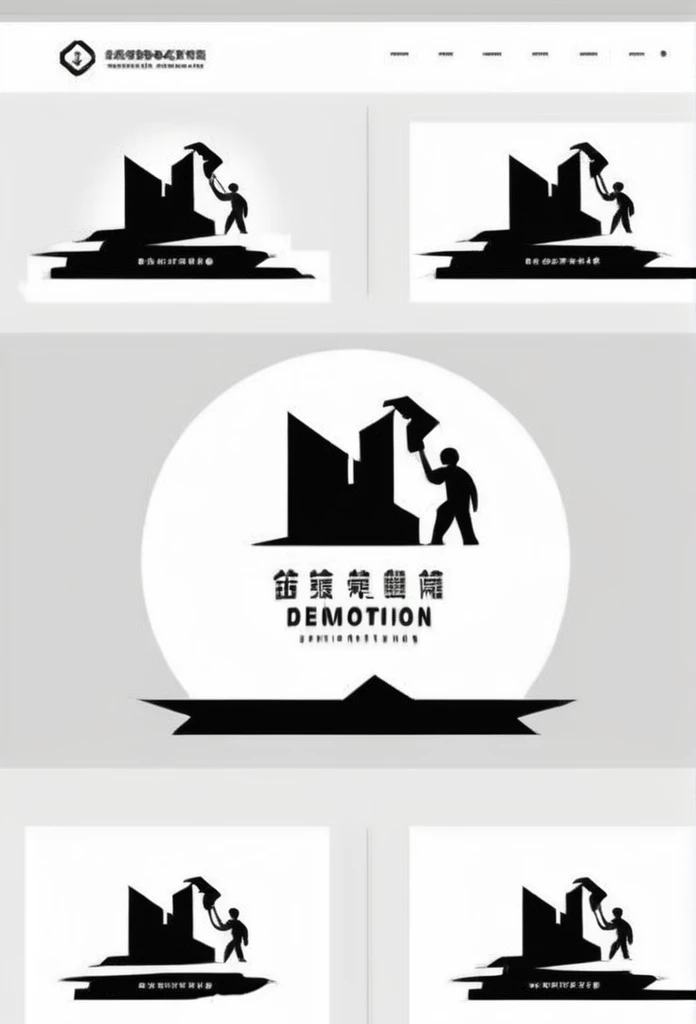A stylish Japanese building demolition and clearing work company logo
　
On the logo、A cool!! .chic and modern design featuring people doing chipping work. The monochrome background is pure white.