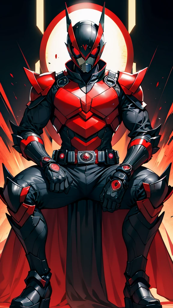 Kamen Rider Decade, red eyes, black armor, sits on a throne.