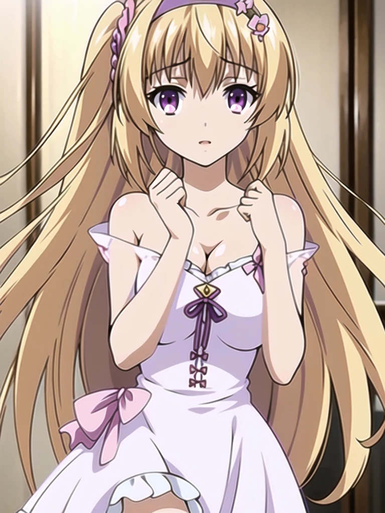 ((Best quality))), ((Ultra-detailed)), ((illustration)), ((Disheveled hair)), ((frilld)), (1 girl), (Solo), 1girl,blurry,blurry_background,blurry_foreground,bokeh,breasts,depth_of_field,dress,focused,hair_flaps,hairband,hand_on_own_chest,indoors,long_hair,motion_blur,photo_(medium),photo_background,solo,rating:safe,Princess_dress, blonde hair,purple eyes,