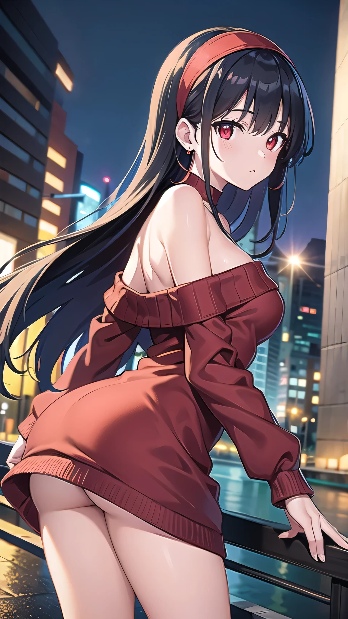 yorbriar, yor briar, black hair, (red eyes:1.5), earrings, gold hairband, hairband, long hair, sidelocks, (medium  breasts:1.2),
BREAK bare shoulders, collarbone, dress, long sleeves, off shoulder, off-shoulder dress, off-shoulder sweater, pantyhose, red sweater, sweater, sweater dress, thighs,
BREAK outdoors, city,night,wet road, reflections, on street,
BREAK looking at viewer,
BREAK (masterpiece:1.2), best quality, high resolution, unity 8k wallpaper, (illustration:0.8), (beautiful detailed eyes:1.6), extremely detailed face, perfect lighting, extremely detailed CG, (perfect hands, perfect anatomy),from behind,back view, bend over,upskirt.