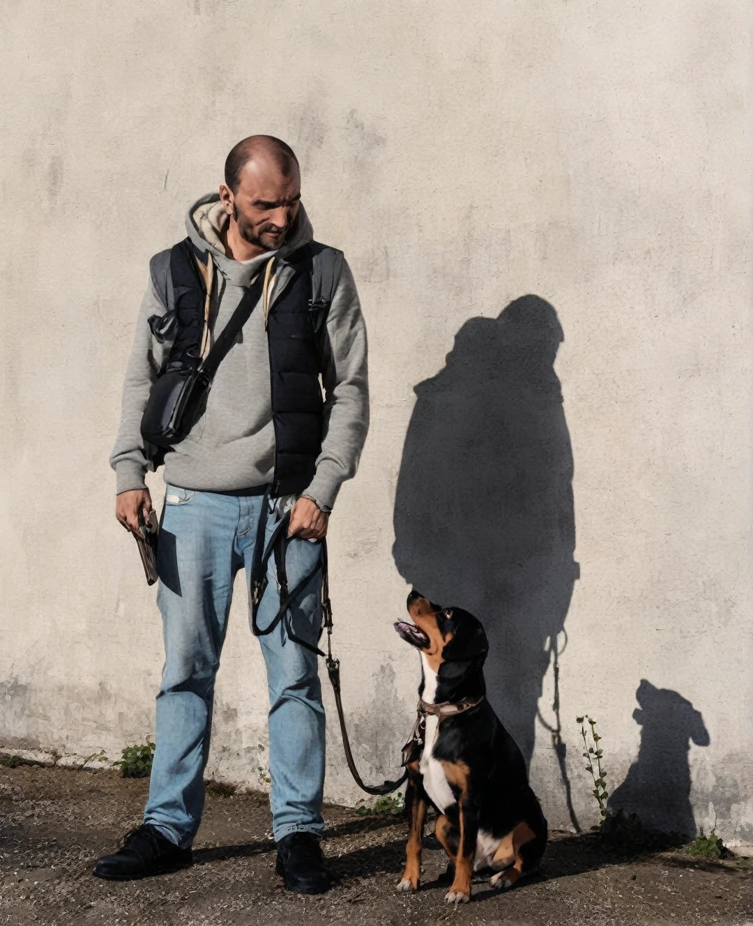 Transformez cette photo d'un homme avec son chien en une illustration de style manga. L'homme devrait être représenté comme un personnage principal de manga avec des traits distinctifs : des yeux grands et expressifs, détaillée, et une tenue inspirée des tenues typiques de manga. Le chien doit être transformé en un compagnon mignon et stylisé, avec de grands yeux brillants et une expression adorable. Utilisez un fond avec des feu d'artifice.