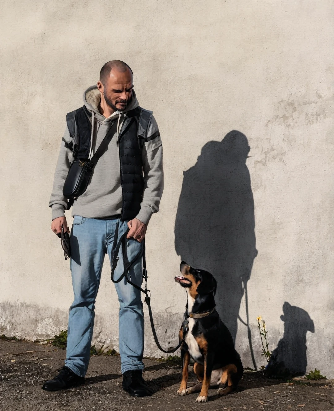 Transformez cette photo d'un homme avec son chien en une illustration de style manga. L'homme devrait être représenté comme un personnage principal de manga avec des traits distinctifs : des yeux grands et expressifs, détaillée, et une tenue inspirée des tenues typiques de manga. Le chien doit être transformé en un compagnon mignon et stylisé, avec de grands yeux brillants et une expression adorable. Utilisez un fond avec des feu d'artifice.