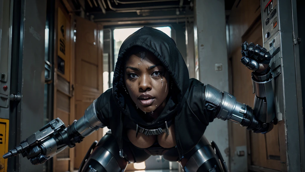 Angry Gangsta black robo woman like raping, wear hood, Angry Robotic hiphop woman, poster (robotic, humanoid) (Full body)