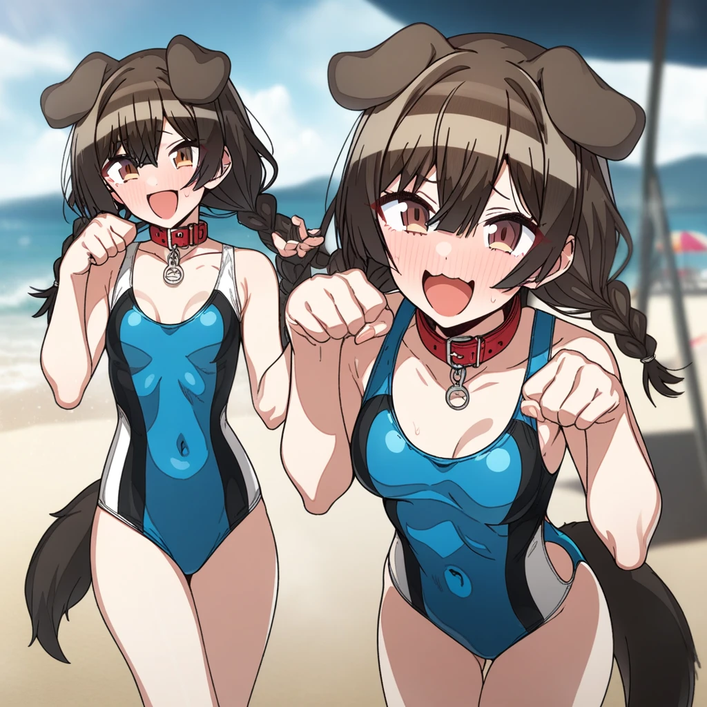 1girl, erere, idolmaster, idolmaster_shiny_colors, brown_hair, blunt_bangs, official art, absurdres, highres, blush, medium_breasts, breasts, smile, brown_eyes, censored, one-peice bathing suit, competitive swimsuit, blue swimsuit, navel, dog_tail, animal_collar, twin_braids, dog_ears, bone_hair_ornament, raised_eyebrows, paw_pose, :d:0.5, teeth, raised_eyebrows, solo, (standing in middle, beach_umbrella), sky:0.5, detailed, sand, outdoors, from_side, looking_at_viewer, masterpiece, best_quality, great_quality, girl, solo, center_composition, centered character, cute, ((very aesthetic, best quality, ultra detailed))