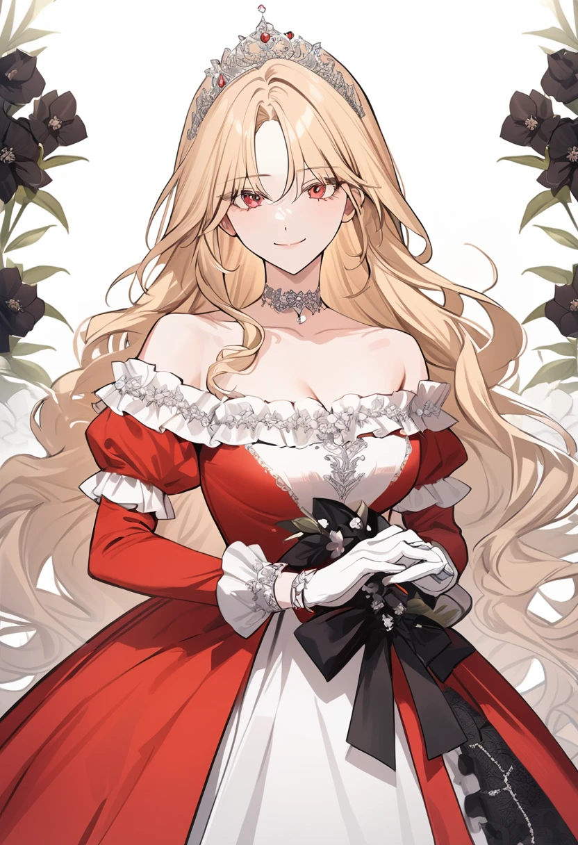 sexy-style, masterpiece, newest, floral background, romance manhwa, 1girl, blonde hair, solo, long hair, flower, dress, tiara, white dress, gloves, long sleeves, choker, red eyes, white gloves, black bow, black flower, wavy hair, bow, jewelry, looking at viewer, white background, collarbone, puffy sleeves, silver accessories, upper body, parted bangs, very long hair, red dress, frills, bangs, closed mouth, smile, cowboy shot, dynamic pose, dynamic angle, dynamic cut