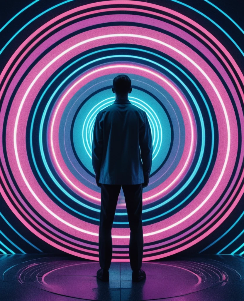 a man is standing in a circular shape amongst spinning circular patterns, in the style of schizowave, mysterious backdrops, captivating documentary photos, whiplash lines, vibrant nightmares, animated gifs, minimalist figures