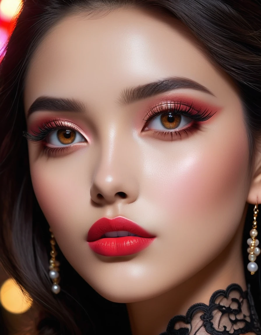 Divide Ratio : 1,1,1 Base Ratio: photorealistic in 32K quality, Fantasy, Artistic, A delicate fairy with mature features, puffy lips, and stunning realistic eyes, (ultra absurd quality, extremely detailed detail, ultra resolution, clear sharp focus, not blurry, (Realistic brown_eyes:1.3)), perfect dark_eyeshadows:1.2, a (girl 22-year-old),fashion supermodel,(best high quality real texture skin:1.4),(ebony skin female),(best quality texture hair:1.4),BREAK,((black hair (slicked to the side) Intricately detailed:1.35)),night((outside,in the Chinatown at night:1.3)),(best high quality:1.4),(soft neon lighting on the face and body),(perfect proportions),(anatomically correct),(perfect female body:1.4),(firm big full breasts:1.4),slim face,beautiful cheekbones,((slim,swell-muscled body:1.3)),(Insanely beautiful face),(realistic face),(Insanely detailed face),((super realistic sharp-eyes)), (tired and sleepy and satisfied:0.0), (close up of a woman's eyes), perfect round eyes, finely detailed pupils,BREAK,detailed lips:1.3,(pink_makeup:1.25),(red_lipstick:1.12),(perfect dark_eyeshadows:1.25),(Insanely detailed makeup on eyes:1.2), iridescent eyes, with professional makeup, vibrant eyes:1.1, (Detailed nose:1.2),BREAK,((Insanely detailed red((cut jacket cute)) wear:1.24)),small head:1.4,BREAK,(long white-black lace dress((lace-up dress with Intricately detailed:1.3))),(random u%u top:1.25),exquisite balance of shadows,perfect composition,look at the viewer,((show high exposed thighs:1.3)), Hasselblad, 85mm f/4.0, (((cowboy shot:1.5))),
