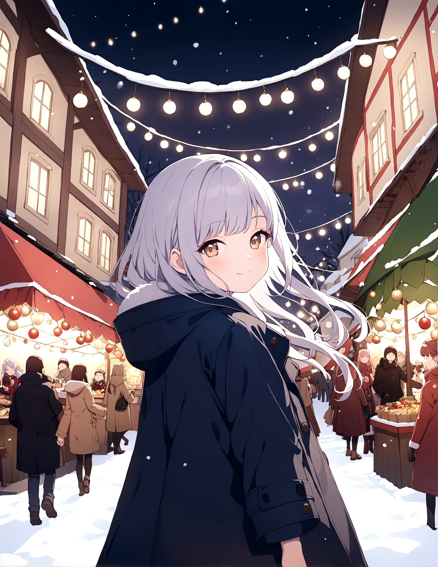 European style town, winter night, Christmas market, warm light, girl in coat, soft smile, upturned cheeks, soft moving hair, looking back, snow, ornaments, twinkling lights