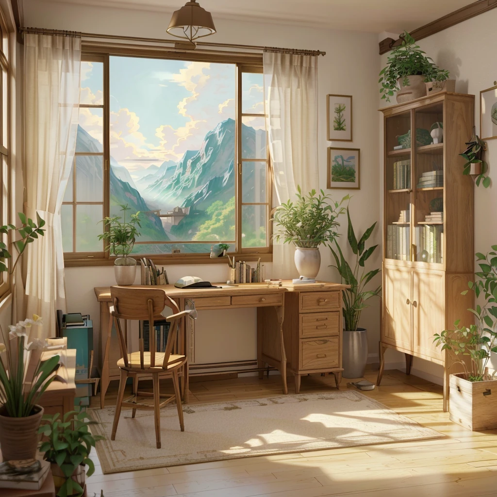 there is a painting of a room with a desk and a window, detailed scenery —width 672, highly detailed scene, interior background art, cozy home background, anime background art, personal room background, relaxing concept art, natural study, relaxing environment, detailed scenery, realistic afternoon lighting, ghibli studio style, photorealistic room, 8k high quality detailed art