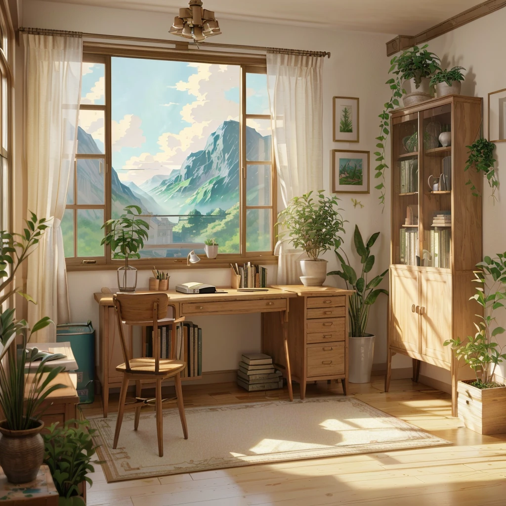 there is a painting of a room with a desk and a window, detailed scenery —width 672, highly detailed scene, interior background art, cozy home background, anime background art, personal room background, relaxing concept art, natural study, relaxing environment, detailed scenery, realistic afternoon lighting, ghibli studio style, photorealistic room, 8k high quality detailed art