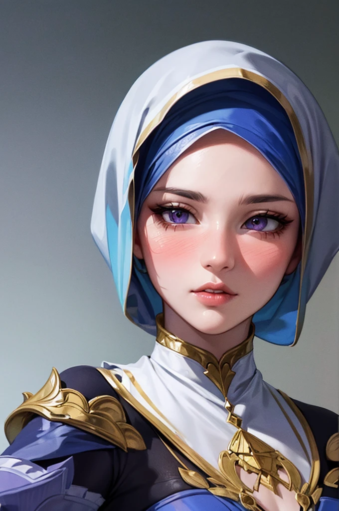 .masterpiece:1.2, Highest quality), Realistic, (live-action, Intricate details, Depth of written boundary), (One girl, alone), compensate, Part your lips, Very detailed, Perfect Face, (Skin Dentition), Glossy coral lips, (A girl wearing a hijab that covers her entire body, Islamic clothing), Blushing, Raiden is disappointed. (General Raiden) From Genshin Impact,A fine needle,