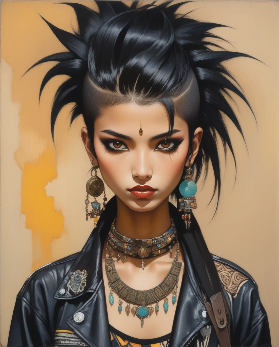 amano yoshitaka, A rebellious Saudi Arabian woman, her black hair styled into a punk rock inspired look, complements her brown eyes and light brown tan skin. The image, possibly a vibrant painting or a striking photograph, captures her bold and unique style with precision. Every detail, from her edgy clothing to her unconventional appearance, exudes an air of confidence and individuality. The high quality of the image allows viewers to truly appreciate the essence of her unconventional beauty and self-expression.