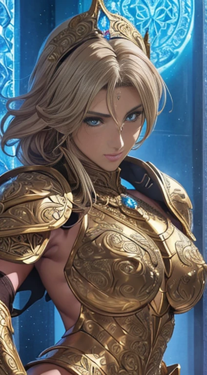 ((Highest quality)),(Ultra-high resolution),(Very detailed),(Detailed Description),Mature Woman,Age 25,Big Breasts,Aquarius Gold Cross:1.3,Saint Seiya,Aquarius Gold Robe((The best CG)),(A masterpiece),Ultra-detailed art,(Fantasy art with intricate detail:1.5), (:1.8),(Beautiful and well-proportioned face:1.7),(Intricately carved and polished armor:1.8),Blonde,Long Hair,Shaggy Cut, A circlet studded with sparkling jewels:1.6,A magic circle appears around her.:1.6,Dynamic Pose Information
