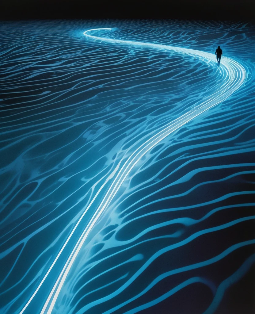 minimalism and surreal illustration, aerial view, top view, by Nick Veasey, extreamly close-up shot to one man walking along Chaka Slat lake with Fluorescent spoondrift, light tracing, glare lighting, minimalism, curve linked smoothly, dry brushing style, impasto, fluorescent, ripples of color diffusing, marker coloring, printmaking style, layered curve, fujicolor superia X-TRA 400, ultra detailed, UHD