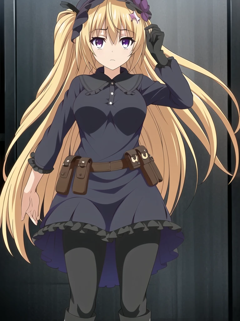 ((Best quality))),((Ultra-detailed)),((illustration)),((Disheveled hair)),((frilld)),(1 girl),(Solo), 1girl,***,handgun,hat,holding,holding_***,looking_at_viewer,solo,weapon,rating:safe,adjusting_clothes,adjusting_hat,adjusting_headwear,black_footwear,black_gloves,black_hat,black_headwear,black_legwear,black_pantyhose,blue_bow,boots,bow,clothing,dress,female,female_only,footwear,frills,gloves,headwear,holding_weapon,knee_boots,legwear,long_hair,makaria,pantyhose,pistol,pointing,pointing_at_viewer,pouch,olo,standing, blonde hair,purple eyes,
