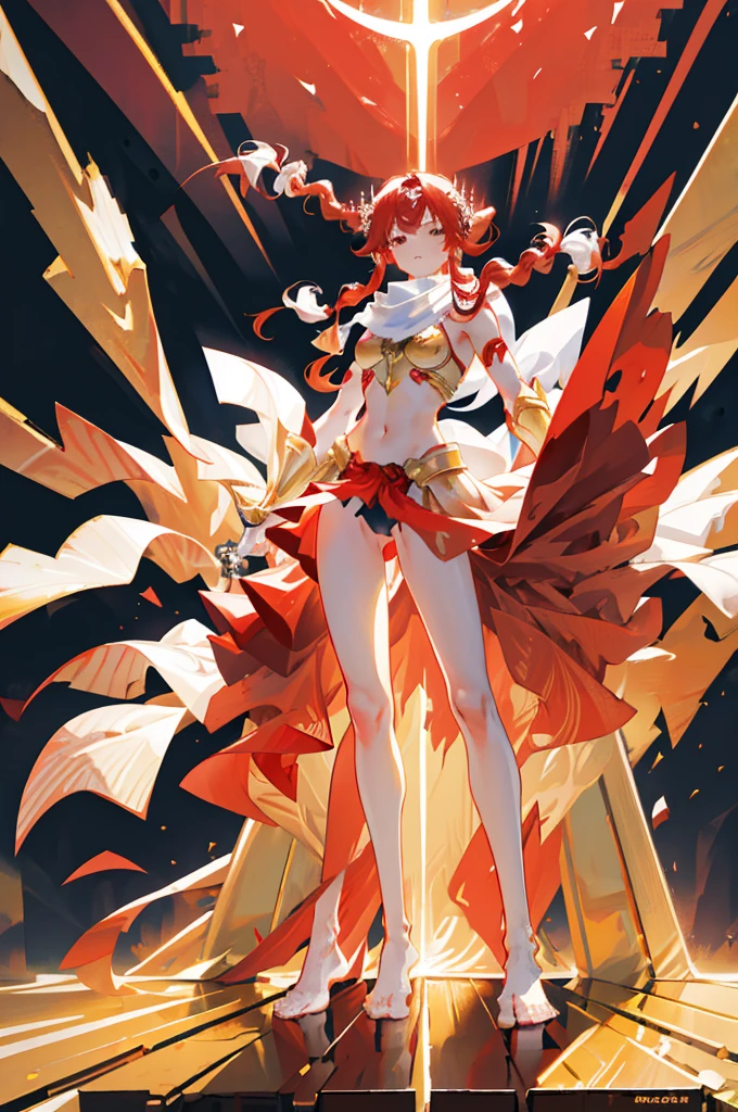 extremly detaled, dynamic kneel back pose, bare feet, detaled feet, ,goddess, gold detaled armor with red finish, long white hair, red cape and scarf, gold hair clip, gold heavy body cover armor with red finish, show big ass and pussy, orginal hairstyle with braids, ass and pussy perspective