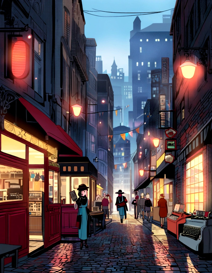 Old Cars, Busy pedestrians, Lively atmosphere, Tall buildings, City skyline, Urban decay, Graffiti, Cobblestone Street, Retro店面, Smoggy streets, Neon,  Street vendors, Metro entrance, Steam coming out of the manhole cover, display, Jazz music, IconicLandmarks, art deco buildings, Retro时尚, Retro, Bustling cafe, Street Performers, heavy traffic, brick buildings, Fire exits, Old-fashioned lampposts, Retro自行车, stylish hat, newsstand, Bustling market, car, Rusty Metal, Cityscape at dusk, Shadows and Highlights, Brick Wall, Cast iron door, Old telephone booth, aged texture, typewriter, Vinyl Records, Wooden bench, Street Lights, Fashion boutiques, nostalgic vibes，Lots of colorful cards ，