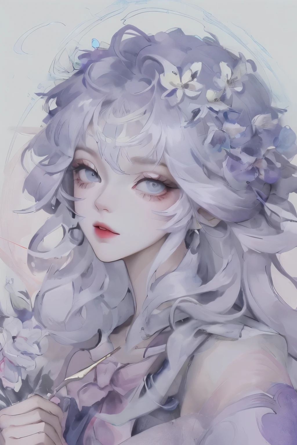 Sketch drawn with watercolor,A highly detailed head portrait showing her with flowers in her hair, Extremely detailed eyes, beautiful eyes, Image perfectly centered, White space around the drawing, Focus on facial lines, Drip watercolor, Ink Outline, The Artistic Fusion of Carnegie Griffith and Alphonse Mucha, 32k resolution, Best possible quality, like a doll