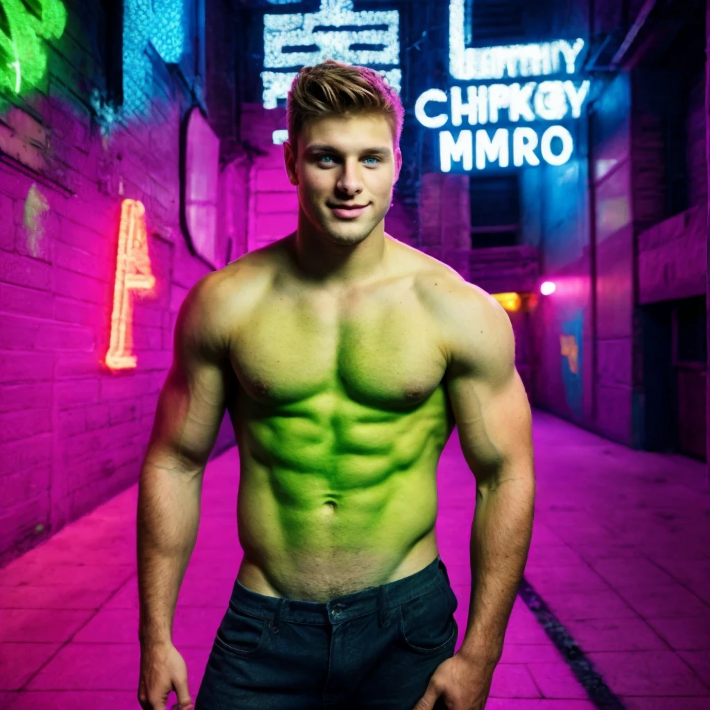 Character half aside, male, boy, 25 years old, stubble, short light brown hair, green eyes, confident smirk, handsome with a stunning toned physique, background with neon purple and lime green graffiti, utopian city, ultrarealistic, volumetric atmosphere, dynamic lighting, cinematic film quality, 8k, RAW, HDR, DSLR, intricate details, anatomically correct, high contrast, sharp focus, professional photography