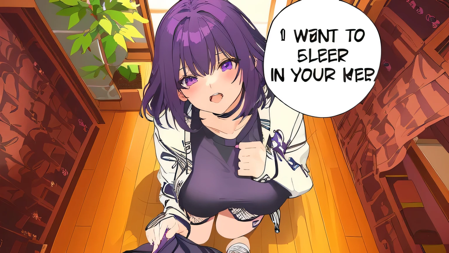 anime girl with purple hair and black top in a room, in the bedroom at a sleepover, in a bedroom, ecchi style, seductive anime girl, ecchi anime style, naughty expression, ecchi, on my bed, sfw version, in my bedroom, thicc, touching her clothes, anime moe artstyle, anime best girl, sleepy expression