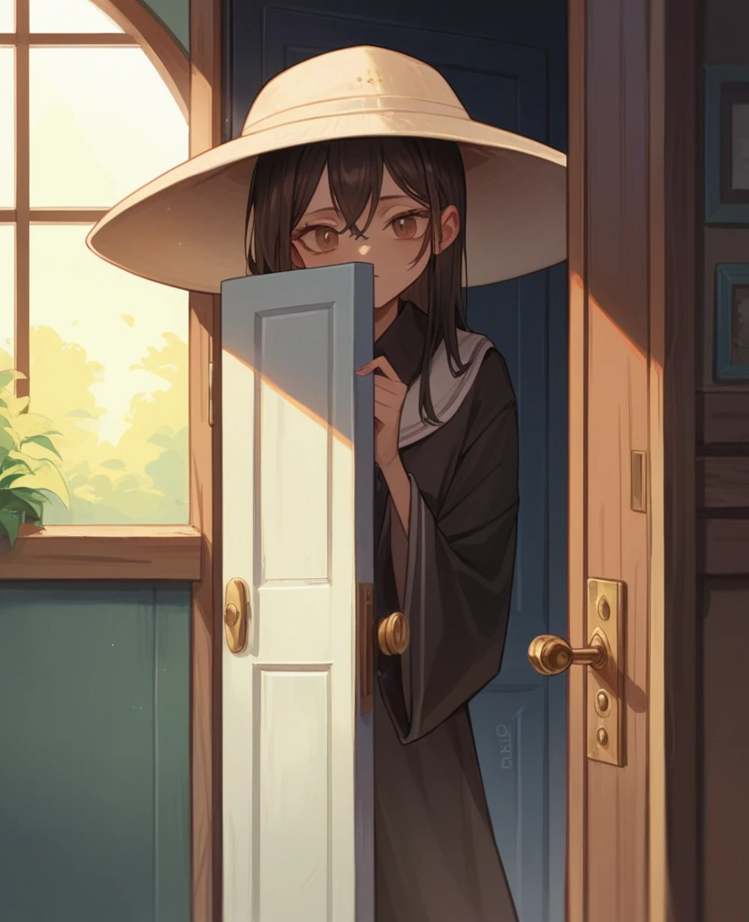 "Create an image as seen through a door peephole, showing two Jehovah's Witnesses standing at the front door. They are holding Holy Bible and have friendly, eager expressions. One of them is wearing an amusingly oversized hat. The fisheye lens effect of the peephole should be distorted the edges of the image, emphasizing the circular frame and giving a slightly warped view"
