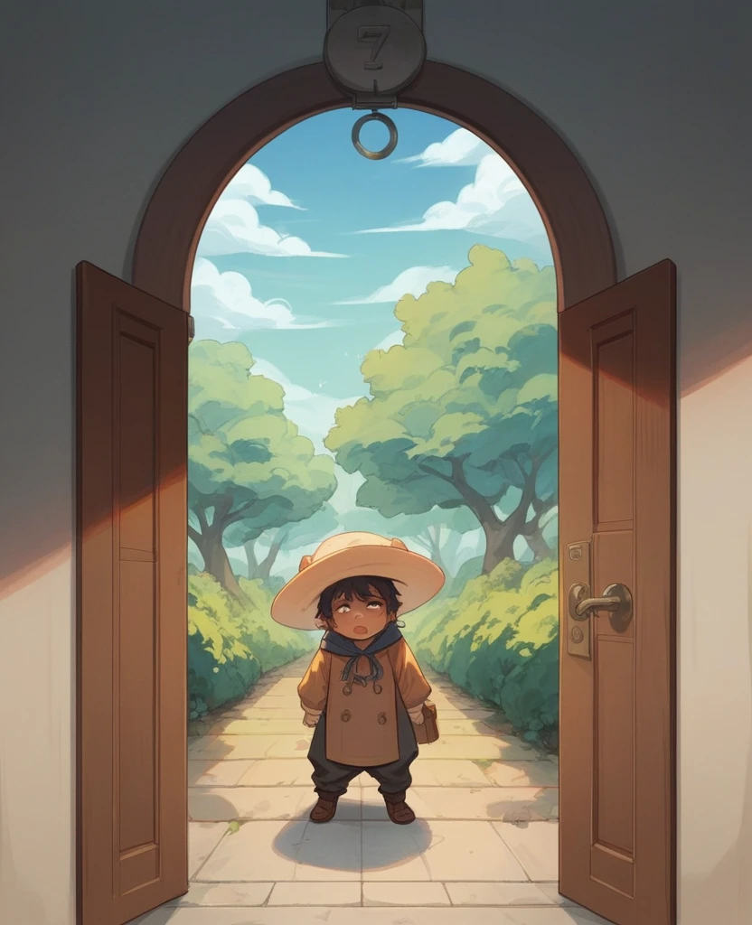 "Create an image as seen through a door peephole, showing two Jehovah's Witnesses standing at the front door. They are holding Holy Bible and have friendly, eager expressions. One of them is wearing an amusingly oversized hat. The fisheye lens effect of the peephole should be distorted the edges of the image, emphasizing the circular frame and giving a slightly warped view"