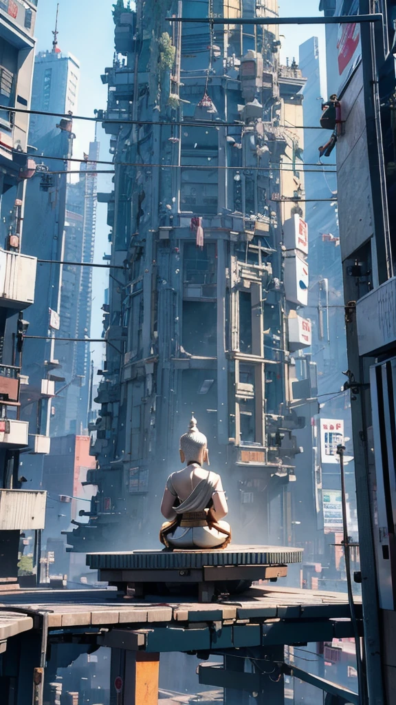 Buddha, Meditation in the middle of a big city, Cyberpunk City, Cyberpunk Meditation  