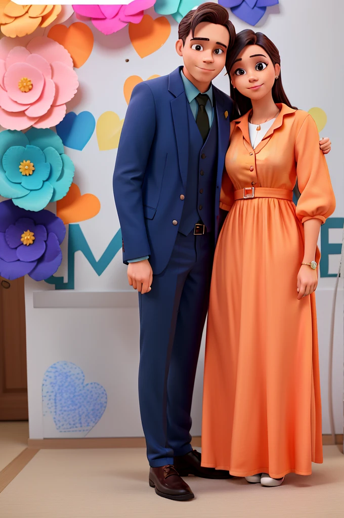 A couple in love.he in a suit and she in an orange dress