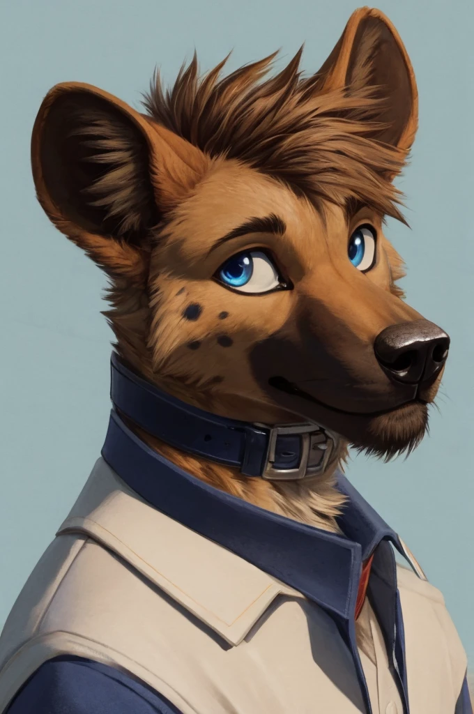 handsome, hyena, scruffy fringe, navy blue collar, blue eyes, good eyes,