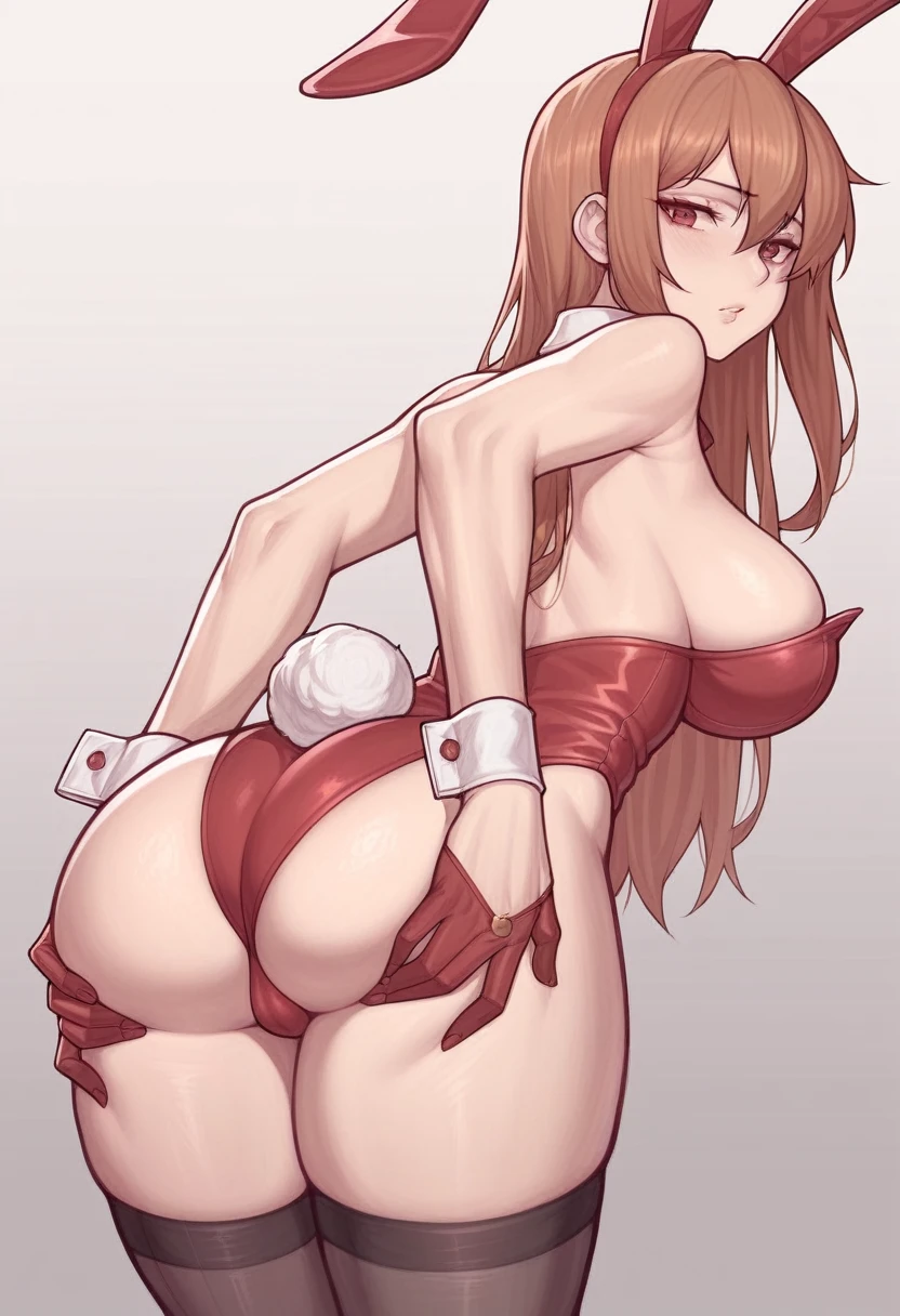 _asura style, 1girl, breasts, animal_ears, ass, solo, red_hair, red_eyes, playboy_bunny, long_hair, rabbit_ears, large_breasts, tail, gloves, rabbit_tail, leotard, thighhighs, looking_at_viewer, black_gloves, wrist_cuffs, looking_back, detached_collar, fake_animal_ears, grabbing_own_ass, bare_shoulders, hair_ornament, thighs, from_behind, sideboob, red_nails, ass_grab, fake_tail, red_leotard, hair_between_eyes, strapless_leotard, simple_background, elbow_gloves, white_thighhighs, bangs