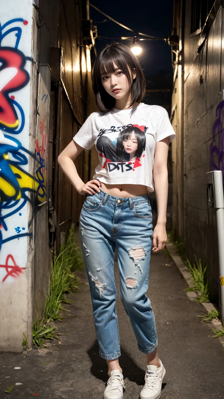 masterpiece, best quality, illustration, Super detailed, fine details, High resolution, 8K,wall paper, perfect dynamic composition,(Details High quality, realistic depiction of eyes:1.3), (Japanese girl standing in a dirty back alley at night, graffitied wall:1.1), (wearing a tattered and dirty t-shirt.:1.1), Wearing baggy pants, dirty body, short bob hair, black hair color, Big Natural Color Lip, seductive face, provocative look, crying a little、cold gaze, Harajuku style、(graffiti), night time, 20 year old girl、cute type、lolita, Gravure Idol, full body photo、focus on crotch, (huge breasts)