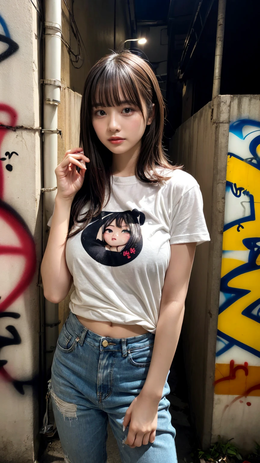 masterpiece, best quality, illustration, Super detailed, fine details, High resolution, 8K,wall paper, perfect dynamic composition,(Details High quality, realistic depiction of eyes:1.3),  (Japanese teenage girl standing in a dirty back alley at night, graffitied wall:1.1), (wearing a tattered and dirty t-shirt.:1.1), Wearing baggy pants, dirty body, short bob hair, black hair color, Big Natural Color Lip,  seductive face, provocative look, crying a little、cold gaze, Harajuku style、(graffiti), night time, 20 year old girl、cute type、lolita, Gravure Idol, full body photo、focus on crotch, (huge breasts)