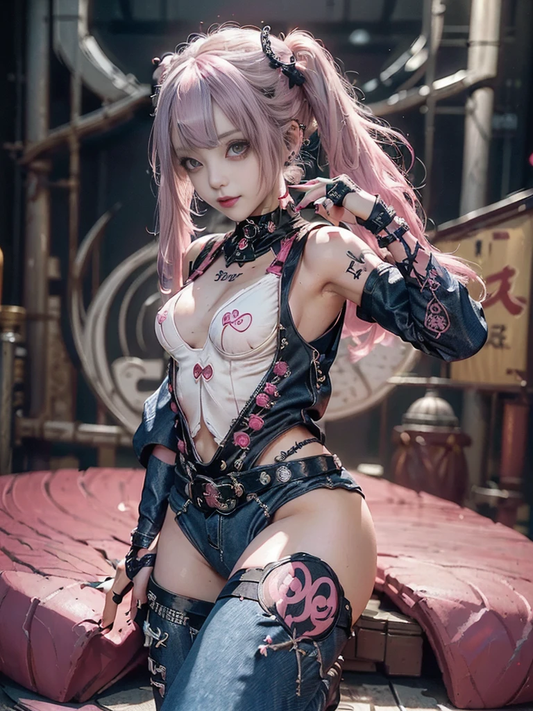 (Full Body View:1.4)、(lotus position:1.1)、(Smiling with teeth showing:1.3),(Shibuya Gal:1.5)、(Gothic ta style fashion:1.5)、(Punk RockVisual Kei:1.5)、(Wearing a rhythmic gymnastics bodysuit with intricate details:1.4)、(Racing suit and pants with intricate decorations in magenta, denim and wine red:1.5)、(Red, brown and white boots:1.3)、((belt))、(Numerous delicate logo marks all over the costume:1.4)、(collar:1.3)、(Striped underwear:1.5)、20-year-old、NSFW、((Highest quality、In 8K、masterpiece:1.3))、Sharp focus:1.2、(Layered Cut、Huge boobs:1.1),Beautiful woman with perfect figure:1.4、(Dancing vigorously:1.3)、Slender Abs:1.2、Highly detailed face and skin texture、Detailed eyes、double eyelid,(Twin tails:1.3)、(Pink and cream hair:1.3)、Gravure idol、(The background is the stage of the fashion show:1.3)、(Slim body:1.3),(Make your legs thinner:1.4),(clavicle:1.1)、(Thin and slim thighs:1.3)