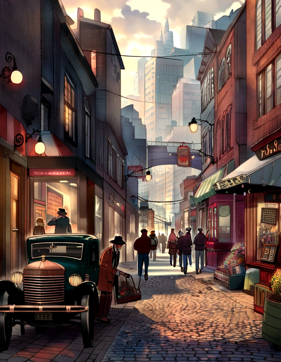 Old Cars, Busy pedestrians, Lively atmosphere, Tall buildings, City skyline, Urban decay, Graffiti, Cobblestone Street, Retro店面, Smoggy streets, Neon, Street vendors, Metro entrance, Steam coming out of the manhole cover, display, Jazz music, IconicLandmarks, art deco buildings, Retro时尚, Retro, Bustling cafe, Street Performers, heavy traffic, brick buildings, Fire exits, Old-fashioned lampposts, Retro自行车, stylish hat, newsstand, Bustling market, car, Rusty Metal, Cityscape at dusk, Shadows and Highlights, Brick Wall, Cast iron door, Old telephone booth, aged texture, typewriter, Vinyl Records, Wooden bench, Street Lights, Fashion boutiques, nostalgic vibes,Lots of colorful cards ,Green Phone Booth