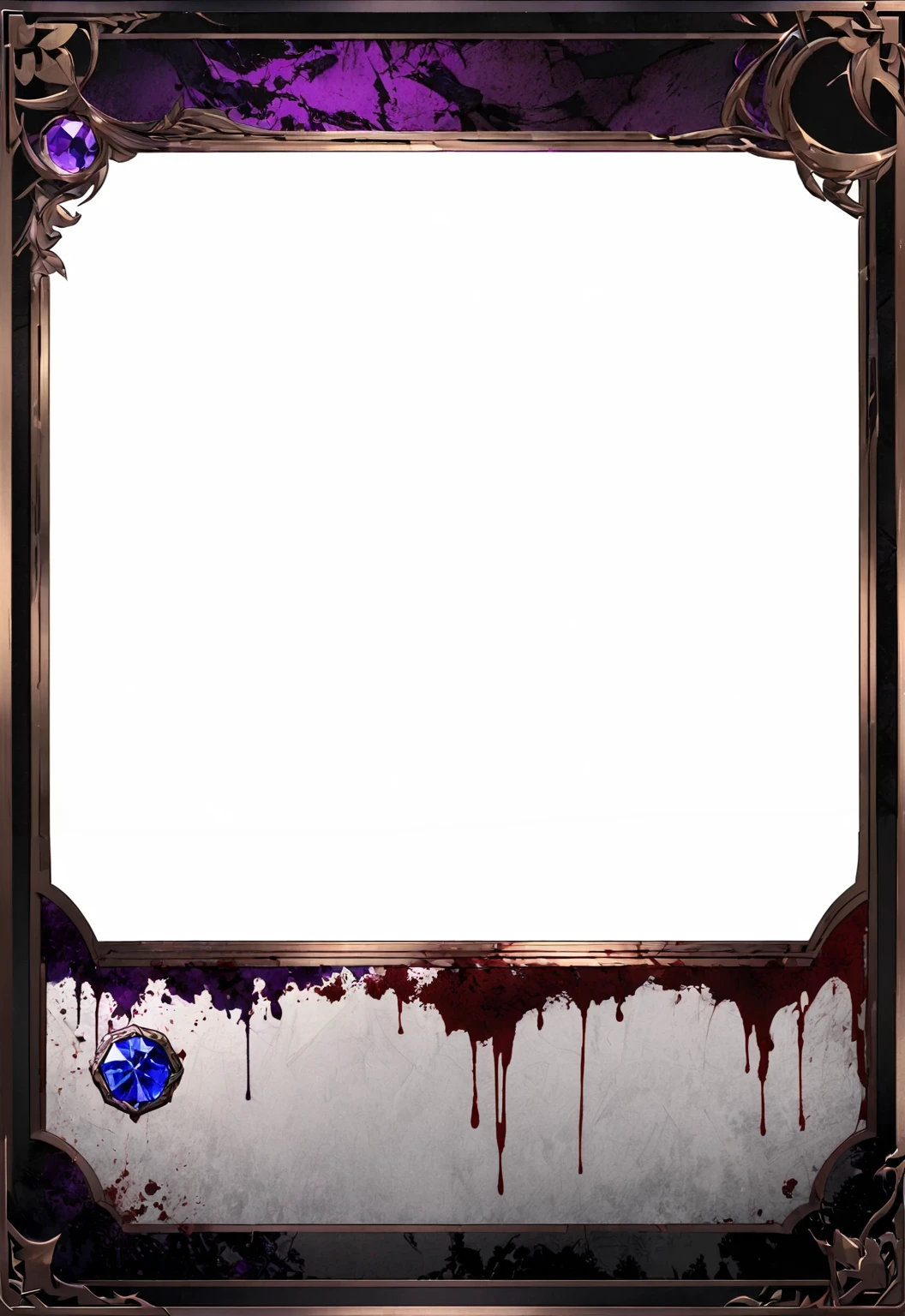 A card border UI，Modern urban minimalist style，Noble and elegant dark suspense style，Leave a square blank space in the middle，There is a ruby under the bezel，There are sapphires on the left and right corners.。Redwood frame，Parchment backing，There are blood stains on it。Black and White、Purple dominant color。