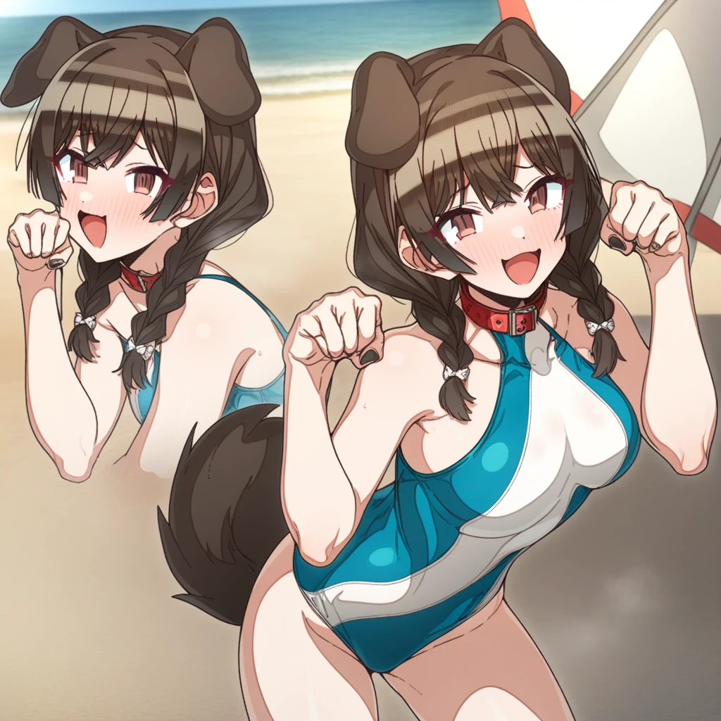 1girl, erere, idolmaster, idolmaster_shiny_colors, brown_hair, blunt_bangs, official art, absurdres, highres, blush, medium_breasts, breasts, smile, brown_eyes, censored, one-peice bathing suit, competitive swimsuit, blue swimsuit, dog_tail, animal_collar, twin_braids, dog_ears, bone_hair_ornament, raised_eyebrows, paw_pose, :d:0.5, teeth, raised_eyebrows, solo, (standing in middle, beach_umbrella), sky:0.5, detailed, sand, outdoors, from_side, looking_at_viewer, masterpiece, best_quality, great_quality, girl, solo, center_composition, centered character, cute, ((very aesthetic, best quality, ultra detailed))
