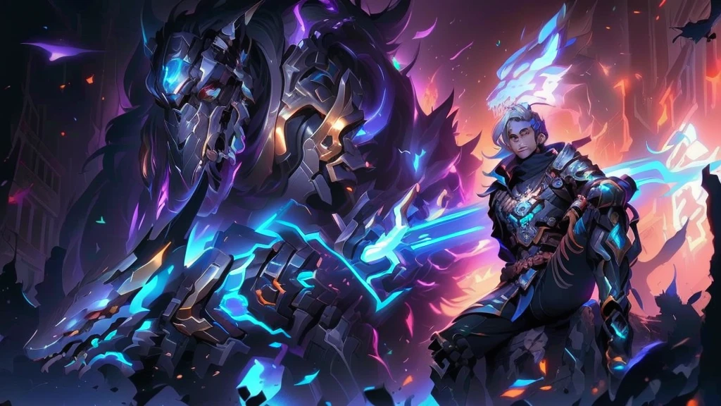 a young man dressed in black holding a long spear, silver hair, sitting on the corpse of a giant monster, in the city, ezreal (league of legends, ross tran and bayard wu, by Yang J, hero colorful city light pose, league of legends characters, official splash art, heise jinyao, ross tran style, league of legends character art, ross tran and artgerm, keqing from impact by genshin, 4k, full HD