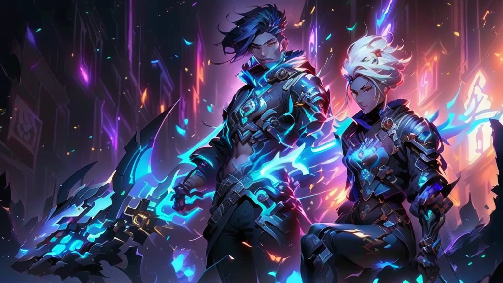 a young man dressed in black holding a long spear, silver hair, sitting on the corpse of a giant monster, in the city, ezreal (league of legends, ross tran and bayard wu, by Yang J, hero colorful city light pose, league of legends characters, official splash art, heise jinyao, ross tran style, league of legends character art, ross tran and artgerm, keqing from impact by genshin, 4k, full HD