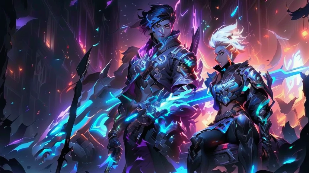 a young man dressed in black holding a long spear, silver hair, sitting on the corpse of a giant monster, in the city, ezreal (league of legends, ross tran and bayard wu, by Yang J, hero colorful city light pose, league of legends characters, official splash art, heise jinyao, ross tran style, league of legends character art, ross tran and artgerm, keqing from impact by genshin, 4k, full HD