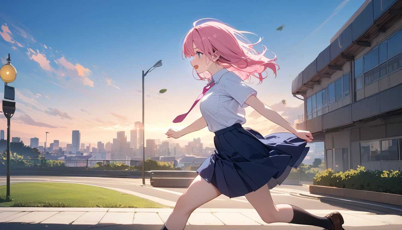 (1 girl),(Best Picture Quality, 8K, Masterpiece:1.3), (high school student:1.5), (pink lob hair), (bumpy hair), (slant skyblue eyes), ((school uniform, white short simple sleeve shirt, darkblue skirt, pink tie)), (super clear:1.5), (glistening skin:1.1),(pale skin:1.1), (looking ahead:1.3), ((from side:1.3)),(running through the beautiful scenery of the city alleys in the morning), (running:1.3),(panicking),(sweat:1.3)