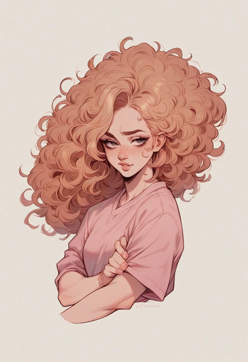 I want a very vain character that I really like who has makeup with her holding her hand in pink clothes and with curly hair I want her with big hair I also want her to hold makeup with her hand