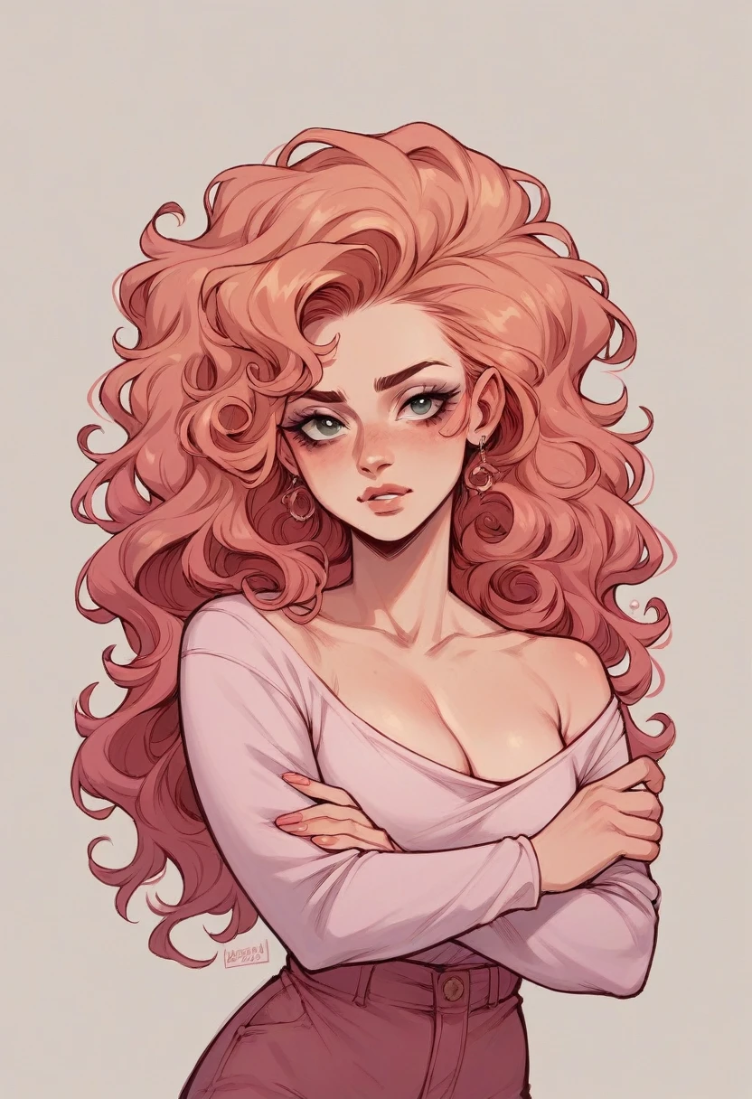 I want a very vain character that I really like who has makeup with her holding her hand in pink clothes and with curly hair I want her with big hair I also want her to hold makeup with her hand