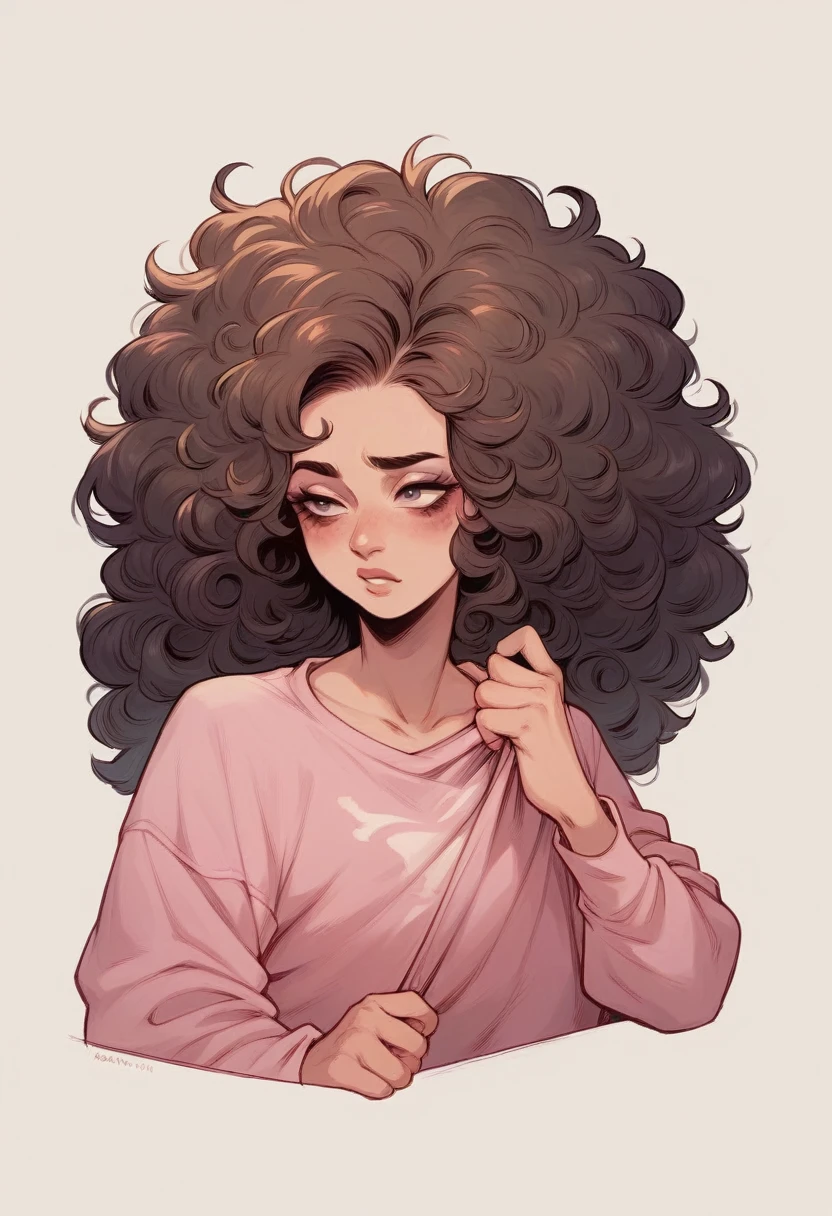 I want a very vain character that I really like who has makeup with her holding her hand in pink clothes and with curly hair I want her with big hair I also want her to hold makeup with her hand